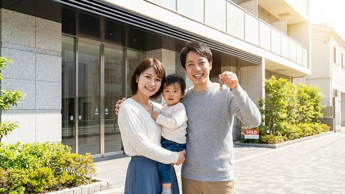 西宮の新居で鍵を受け取り、笑顔で新生活をスタートさせる家族