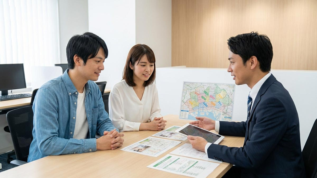 不動産会社の担当者と作戦会議をする夫婦。地図を見ながら未公開物件の話を聞いている。