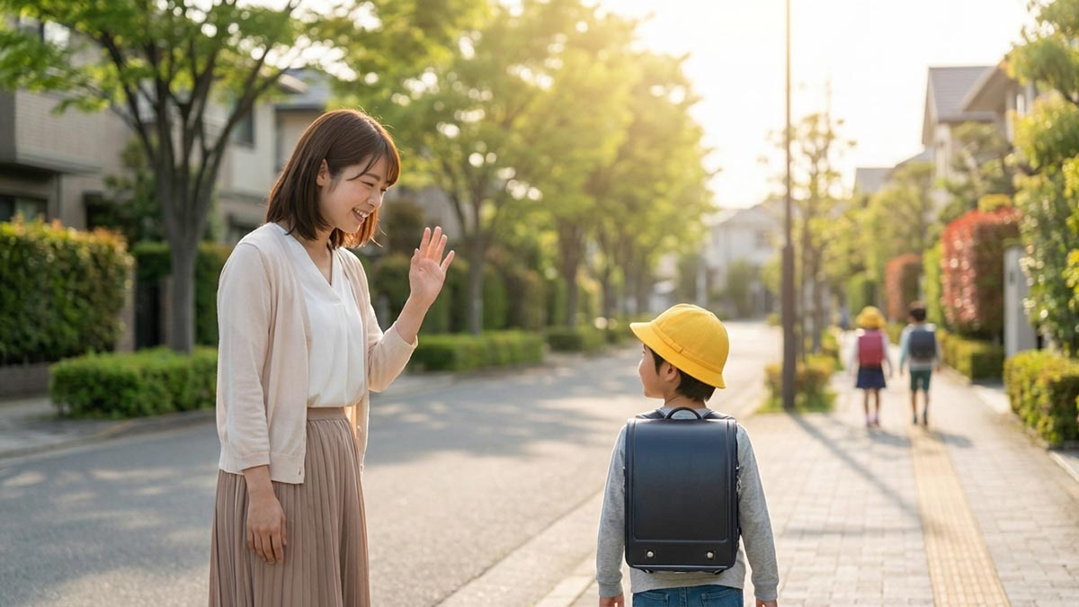 西宮の小学校へ元気に通う子供と、それを見守る親の幸せな後ろ姿