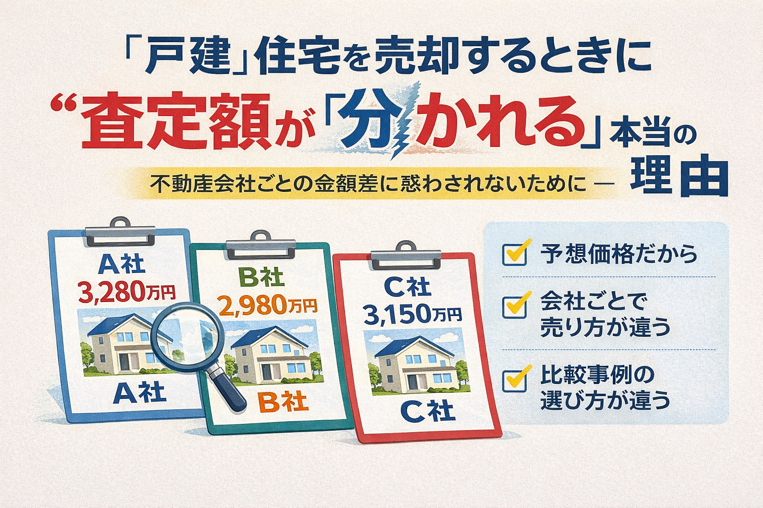 戸建住宅を売却するとき査定額が分かれる本当の理由|高い査定に惑わされない考え方の画像