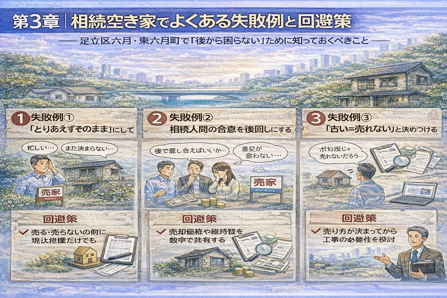 相続空き家でよくある失敗例を整理したイラスト