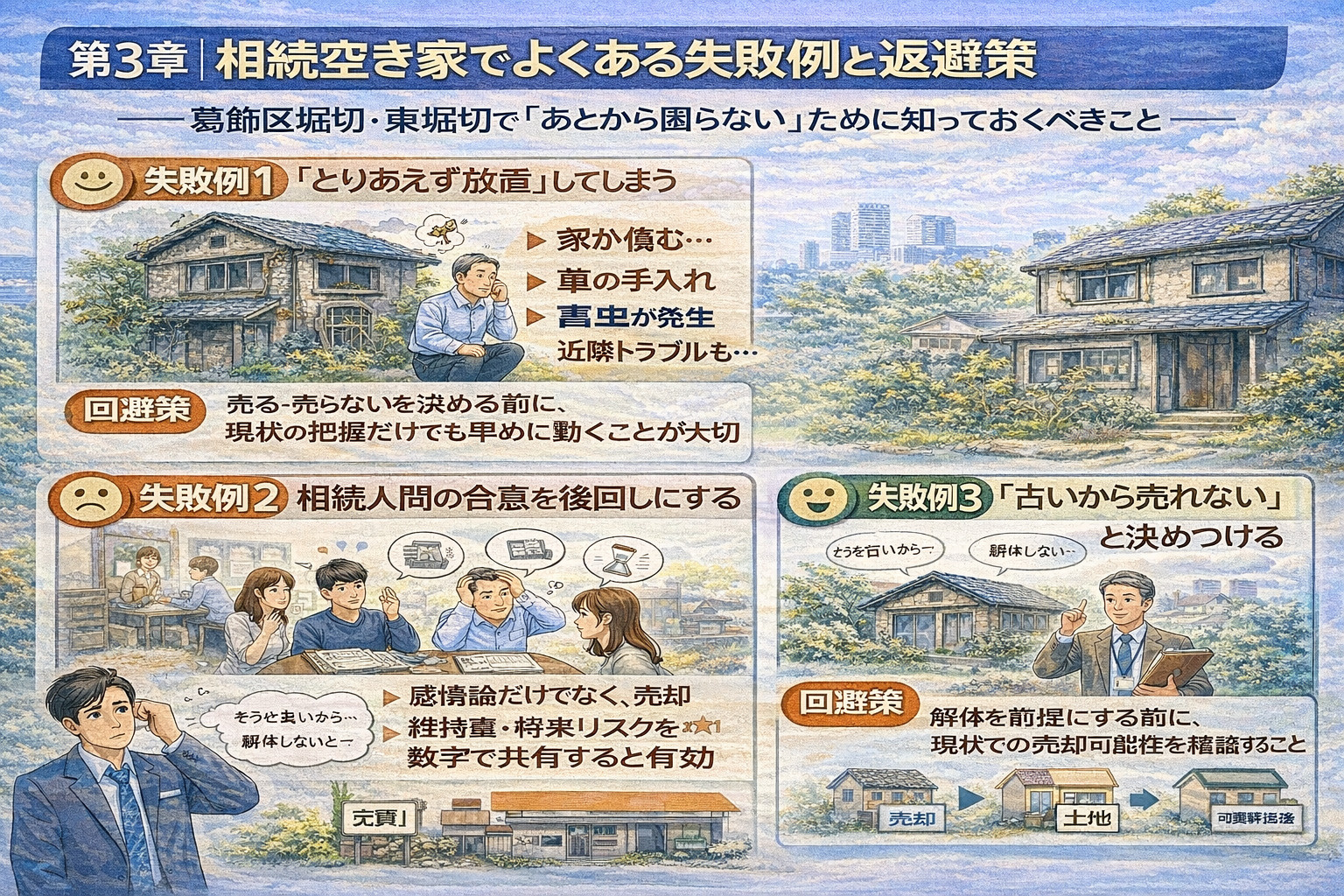 相続空き家でよくある失敗例を整理したイラスト