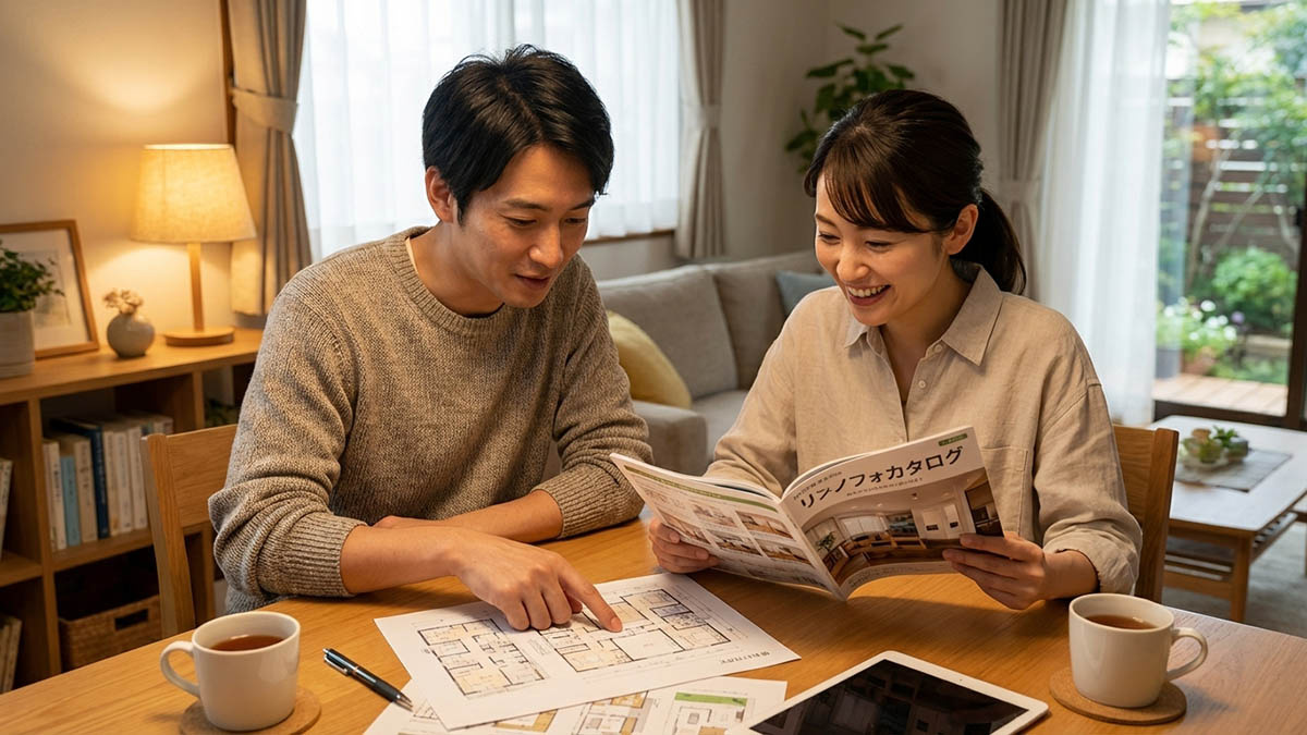 中古マンションの間取り図を見ながら、リノベーションのプランを楽しく話し合う夫婦の様子