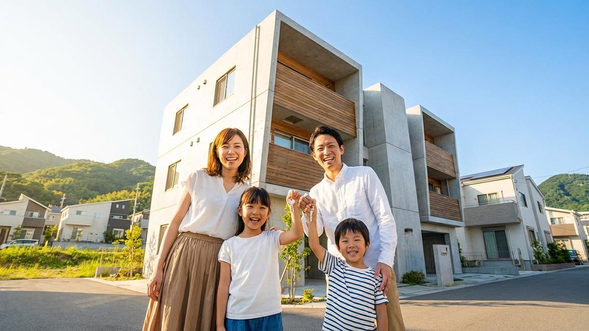西宮の新居の前で、鍵を手に笑顔を見せる家族。背景には西宮の明るい街並み。