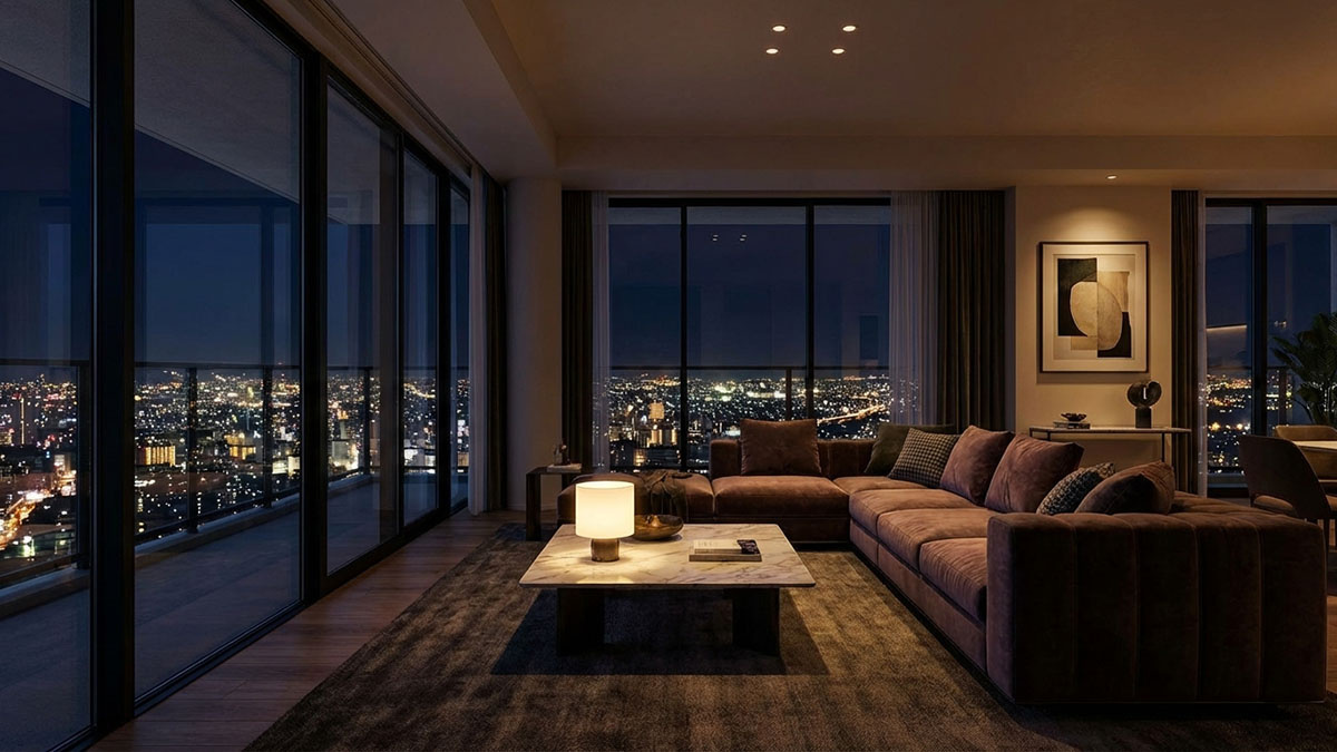 山手の邸宅のリビングから見える、宝石箱のような神戸・大阪の夜景