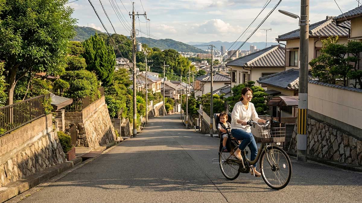 急な坂道を電動アシスト自転車で登る母親。日常の風景をリアルに表現。