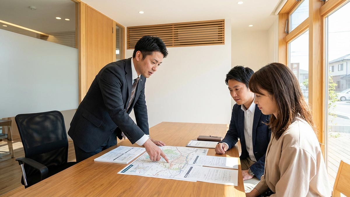 高翔バイセルのオフィスで、担当者が山手エリアの物件について、メリットだけでなく注意点も含めて誠実に説明している様子