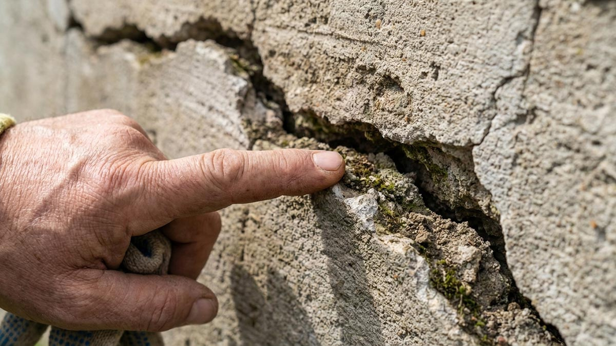 家の外壁のひび割れや基礎の状態を、指差し確認しながらチェックする様子