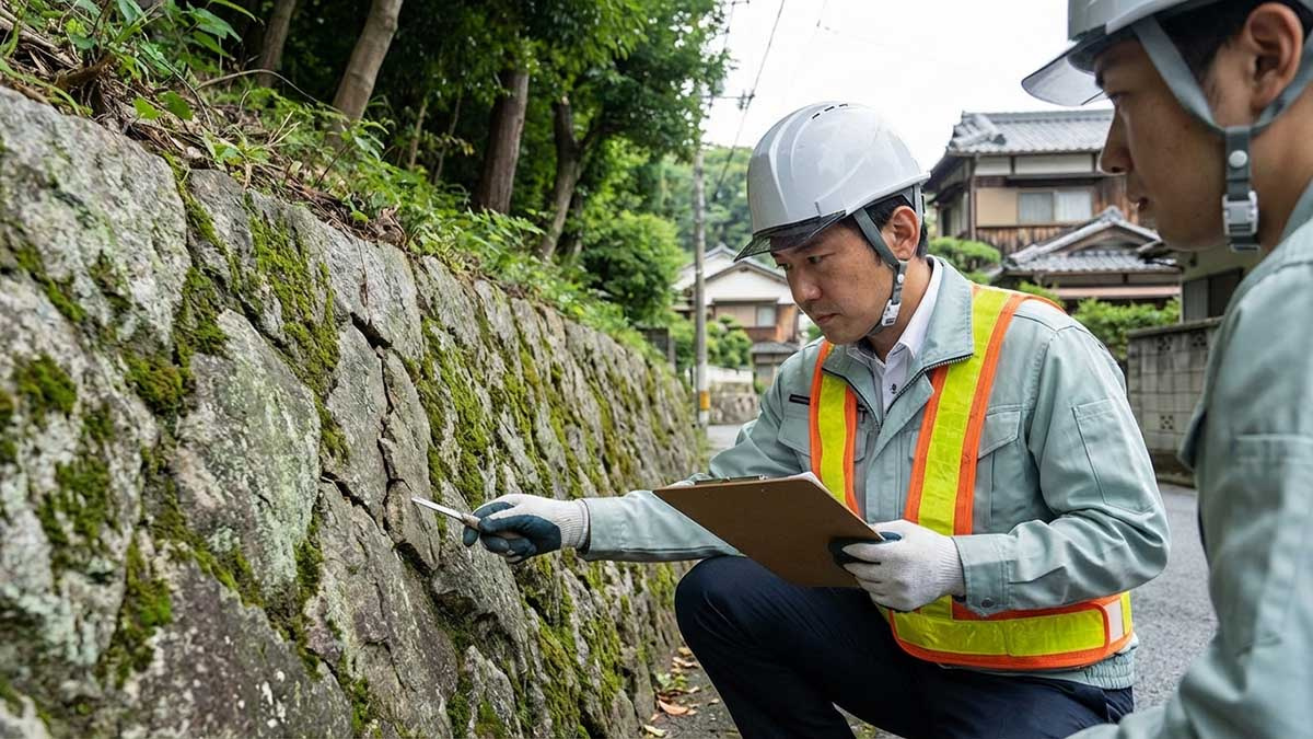 西宮の山手エリアにある住宅の擁壁（石積み）の状態を、専門家が慎重に診断している様子