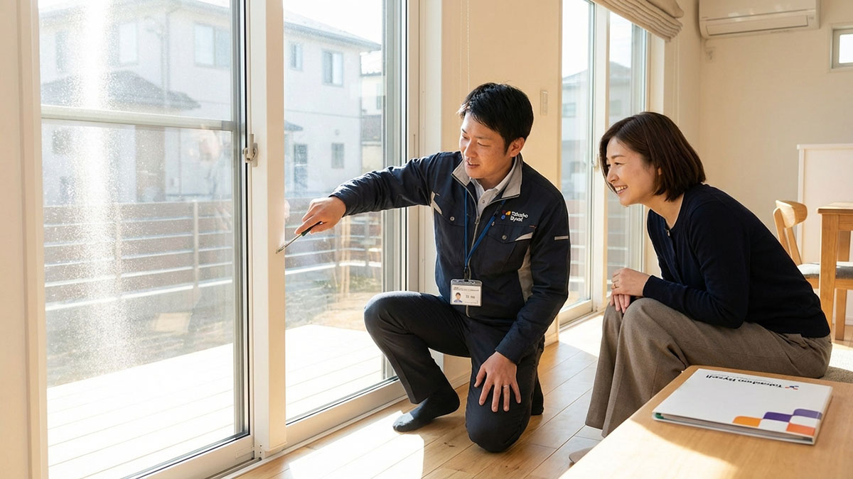 高翔バイセルの担当者が、お客様と一緒に物件を細かくチェックし、安心感を与えているシーン