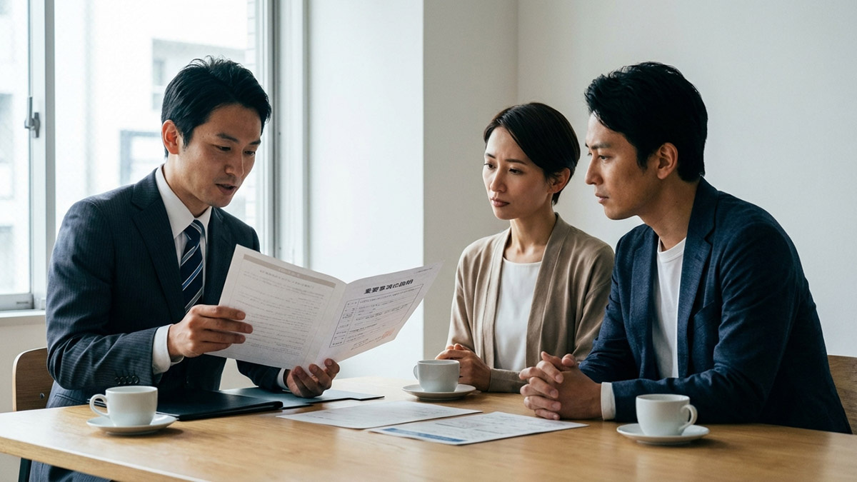 宅地建物取引士が重要事項説明書を読み上げ、顧客が真剣に聞き入っている様子