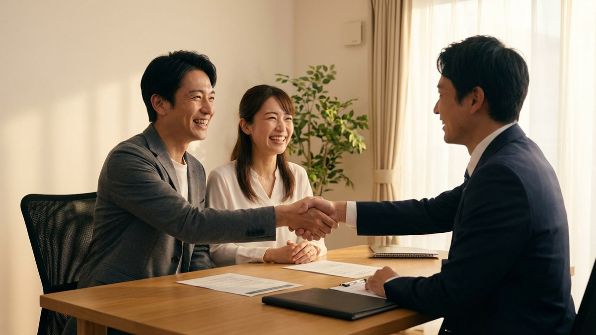 無事に契約を終え、笑顔で握手を交わす顧客夫婦と不動産担当者。信頼と安心の象徴。