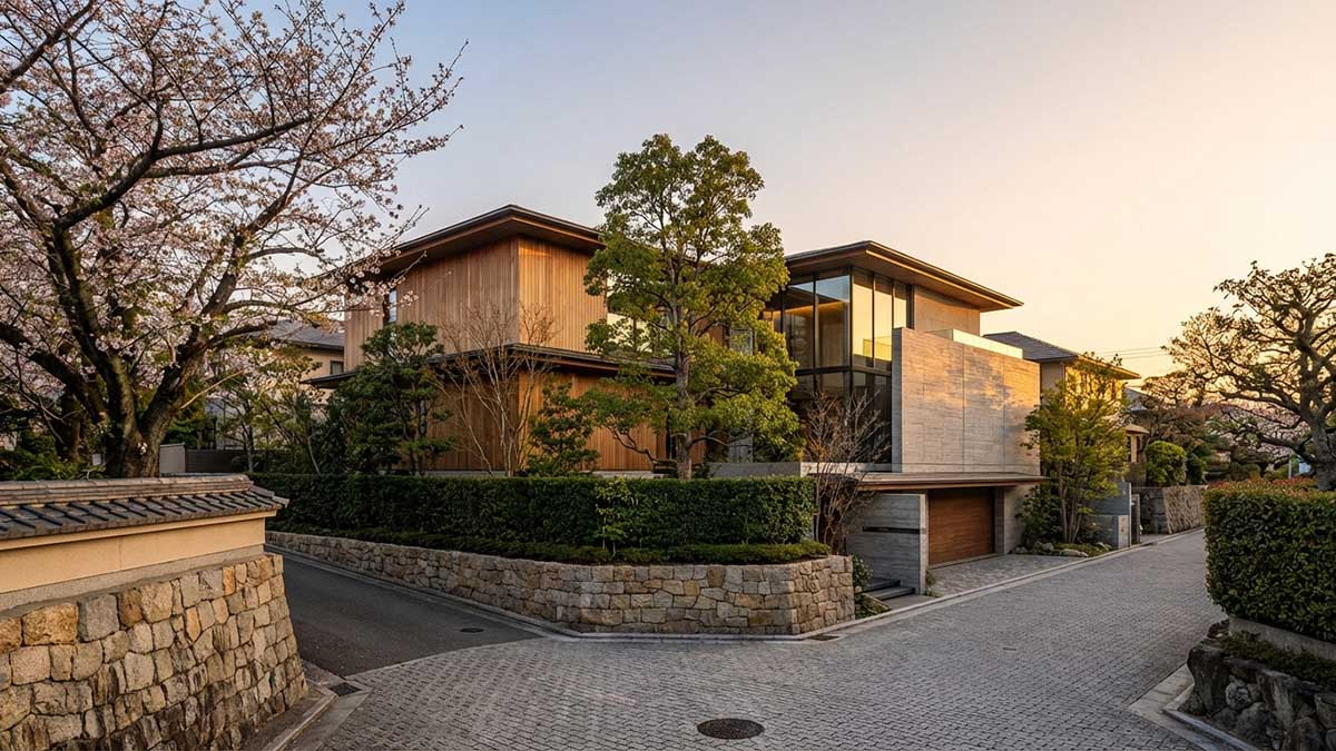 西宮七園エリアに建つ、緑と調和したモダンな邸宅の外観