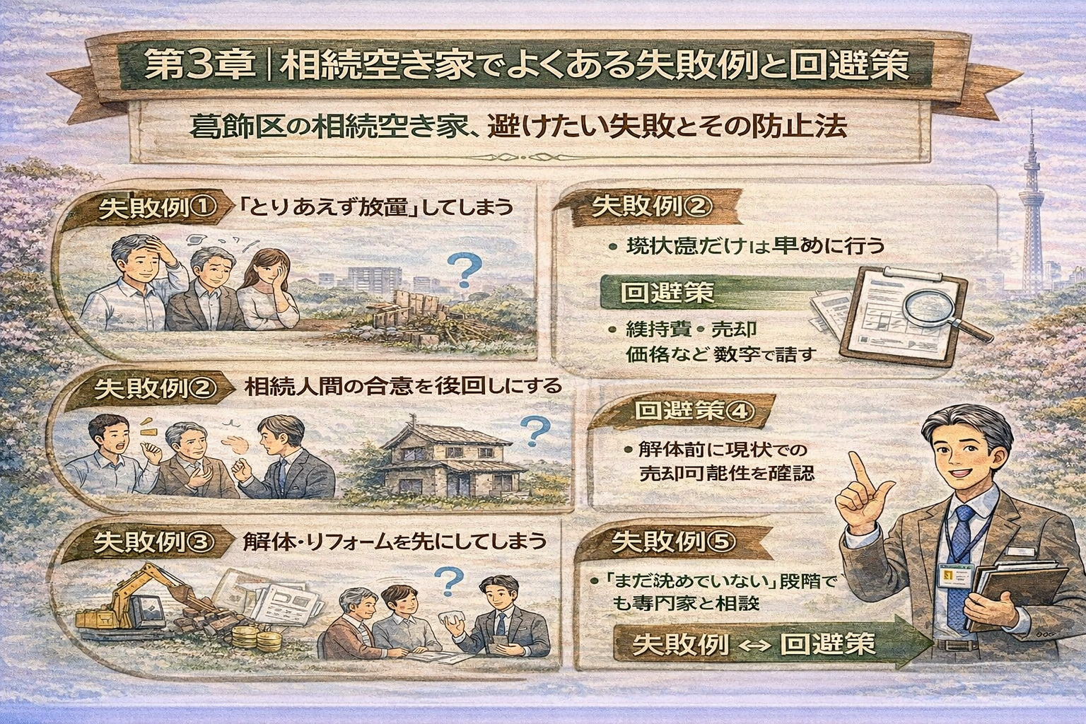 相続空き家でよくある失敗例を整理したイラスト