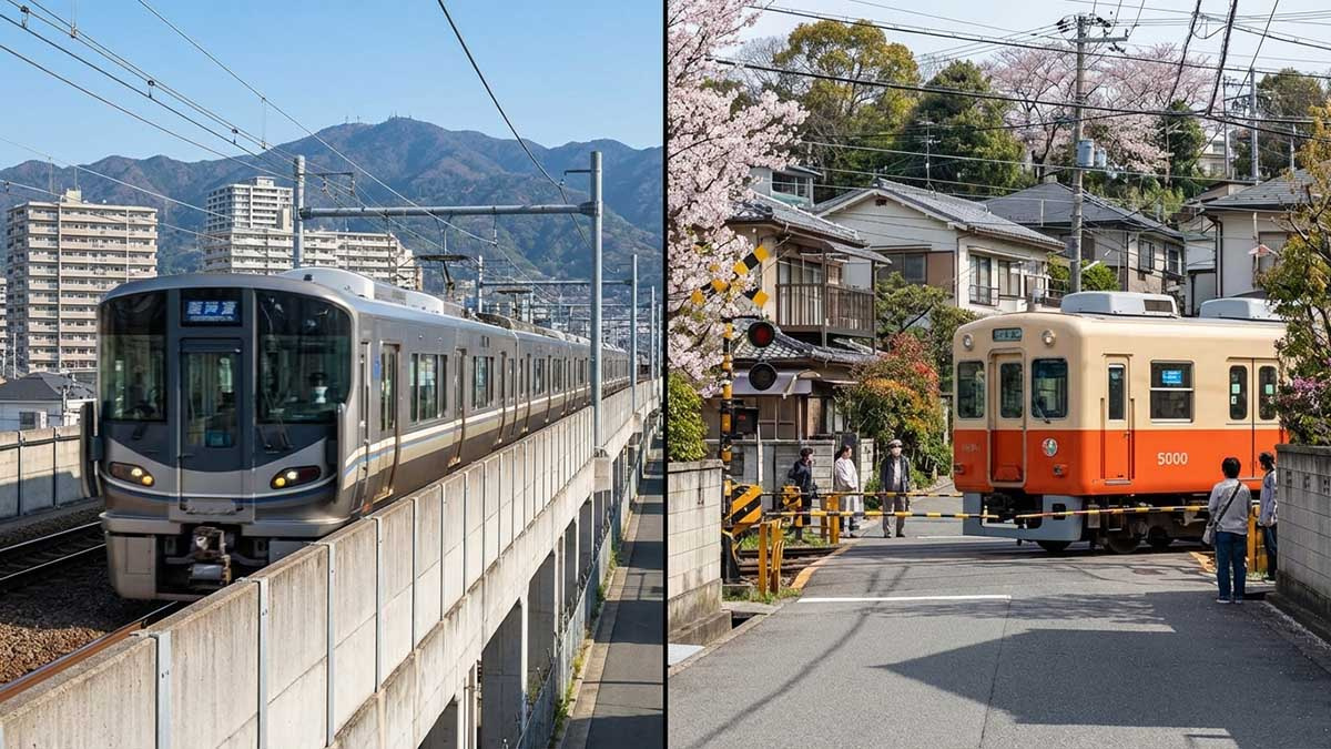 JR線の新しい電車と、阪神線のレトロな雰囲気の電車が並走するイメージ。交通アクセスの違いを表現。