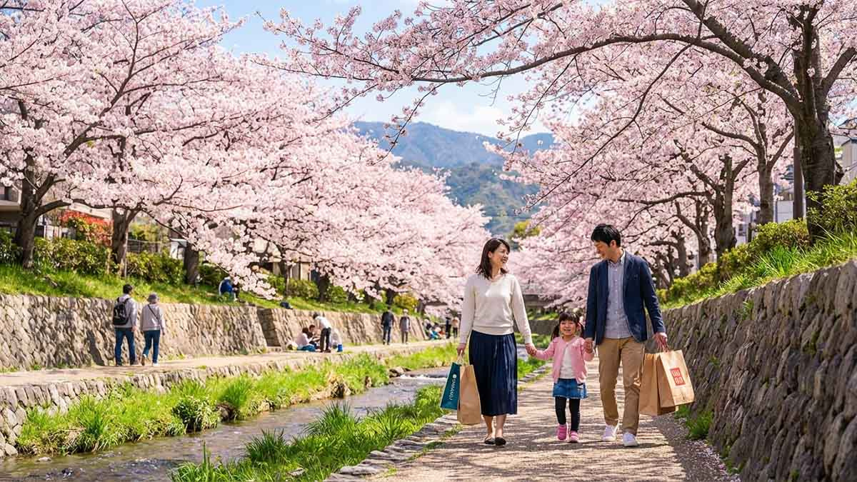夙川公園の桜並木の下を、買い物袋を持って散歩する家族。自然と生活が融合した風景。