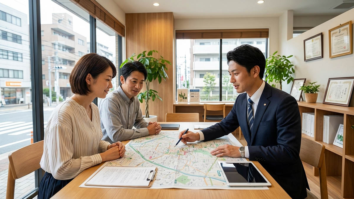 高翔バイセルのオフィスで、担当者が2つの駅の特徴を比較しながら、お客様に最適なエリアを提案している様子