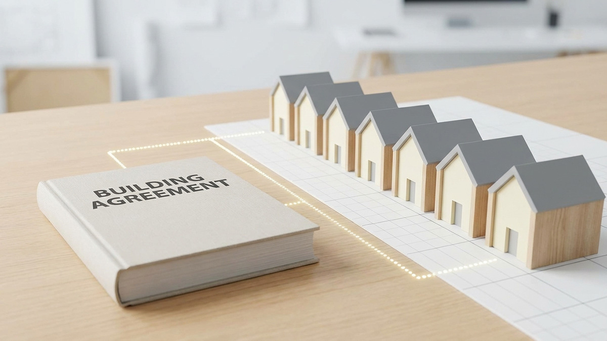 建築協定のルールブックと、それを守って建てられた調和のとれた家々のイラスト