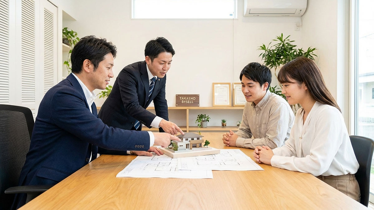 高翔バイセルのオフィスで、建築士と不動産担当者が顧客に建築協定の詳細を説明している様子