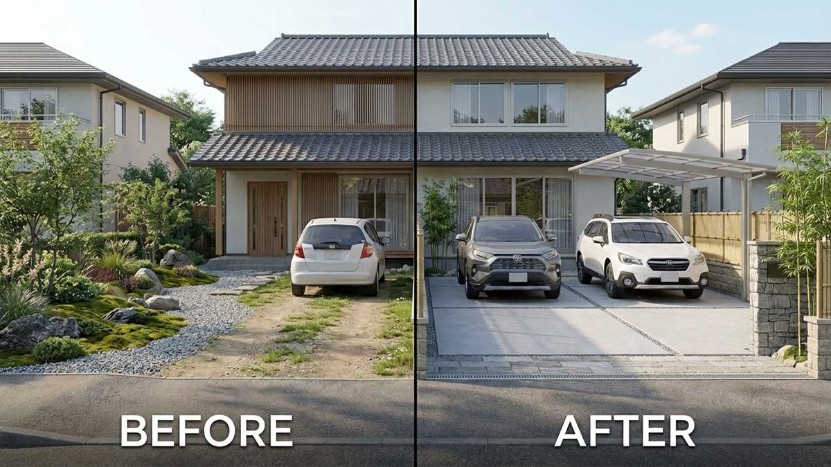 庭の一部を駐車場に改修するリノベーションのビフォーアフターイメージ