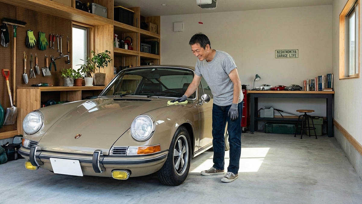 理想のガレージハウスで、愛車の手入れを楽しむオーナーの様子