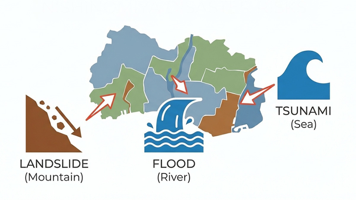 土砂災害、洪水、津波・高潮の3つの災害リスクをわかりやすく示したアイコンイラスト
