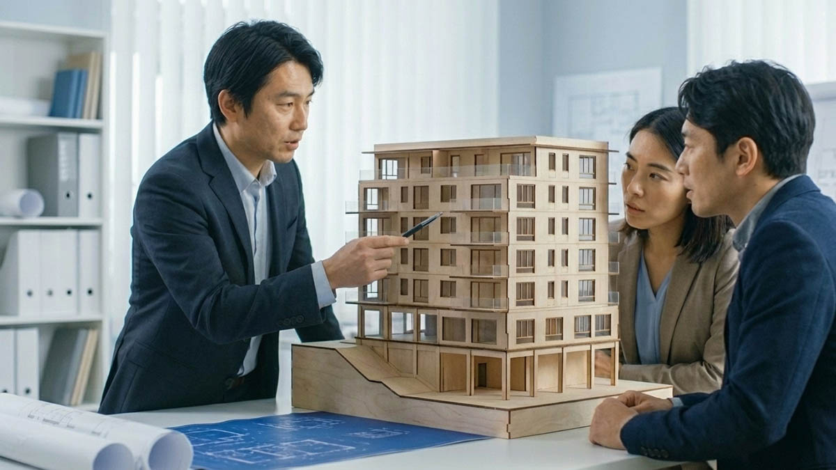 マンションの2階以上の部屋や、基礎を高くした戸建てを指差し、安全対策について説明する専門家