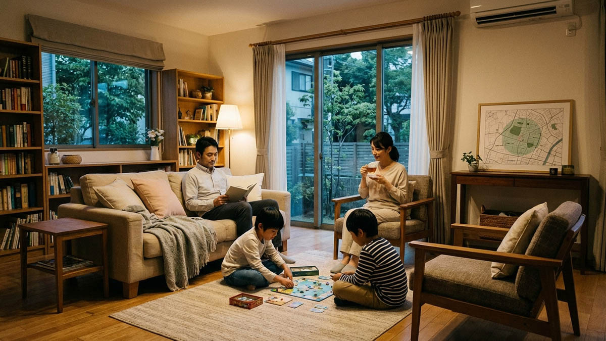 ハザードマップを確認し、納得して購入した安全なマイホームで、安心してくつろぐ家族の姿