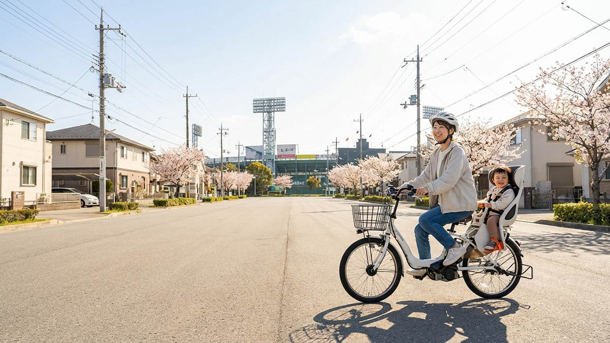 平坦な道を電動自転車で快適に保育園へ送迎する母親。西宮の浜手エリアの利便性を表現。