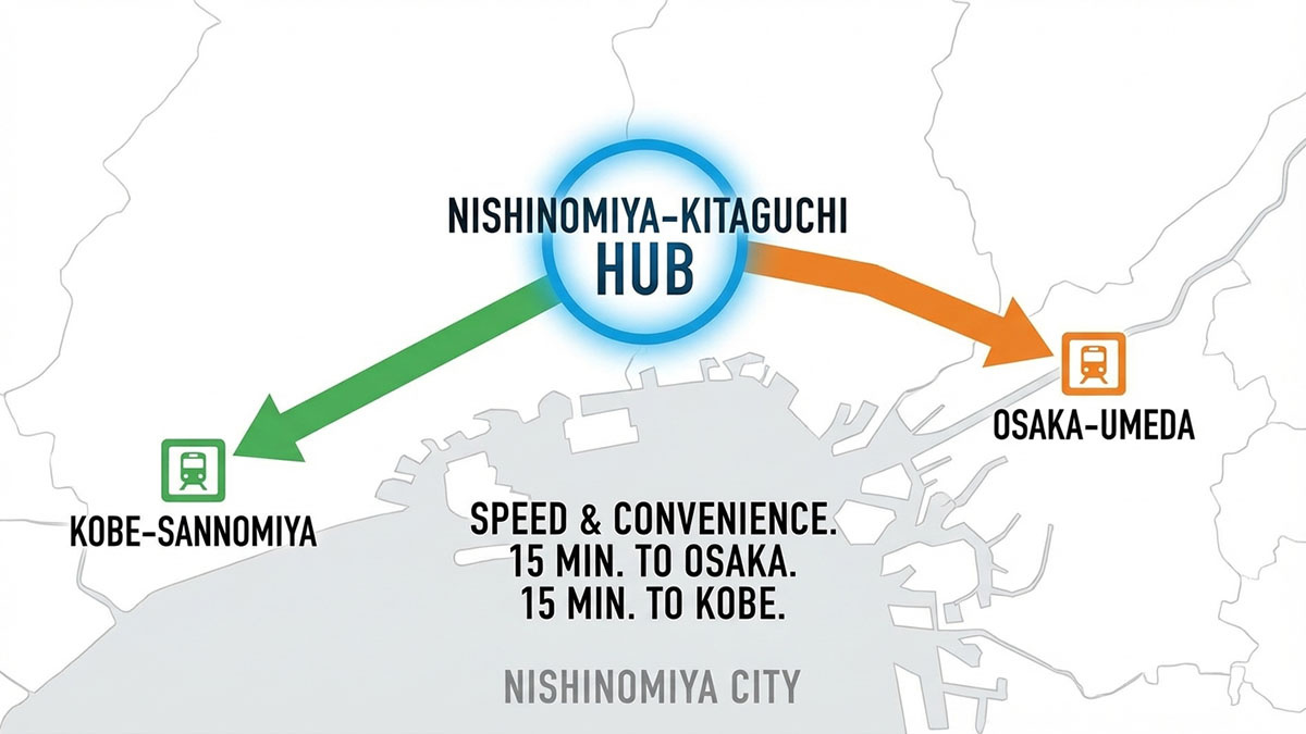 西宮北口駅の路線図と、大阪・神戸へのアクセスの良さを示すインフォグラフィック