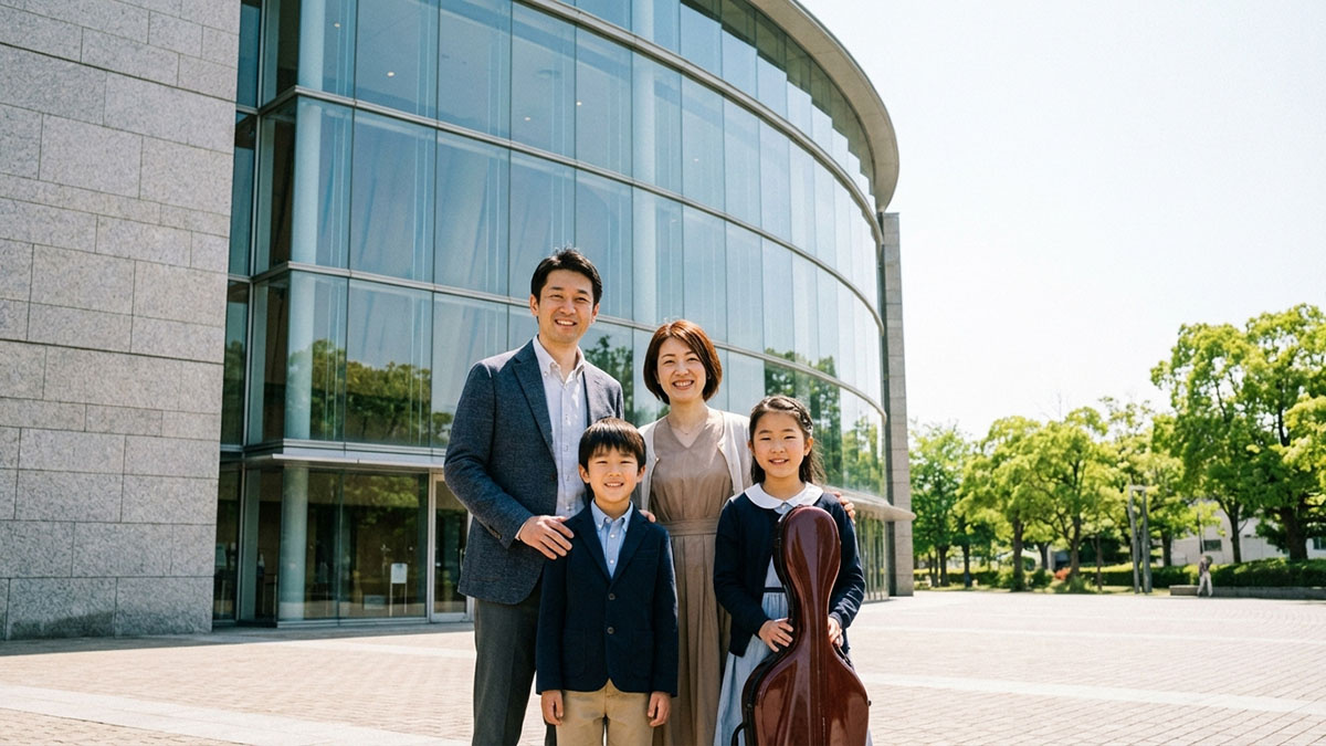 西宮北口周辺の塾や学校、文化施設を背景に、子育て環境の良さを実感する家族