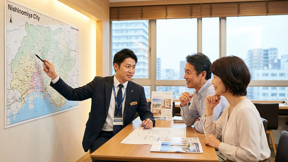高翔バイセルの担当者が、エリアマップやリノベーションプランを使って賢い購入戦略を提案している様子