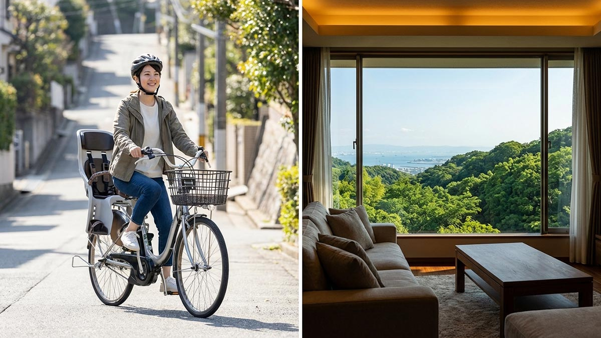 山手の家のリビングから見える、大阪湾まで広がる絶景と、豊かな緑に囲まれた静かな暮らしのイメージ