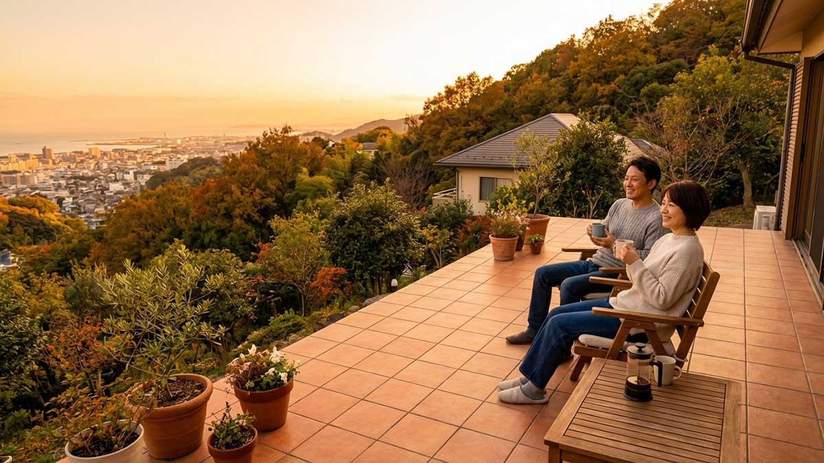 坂の上の自宅のテラスで、絶景を眺めながらコーヒーを飲み、ゆったりと過ごす夫婦の幸せな姿