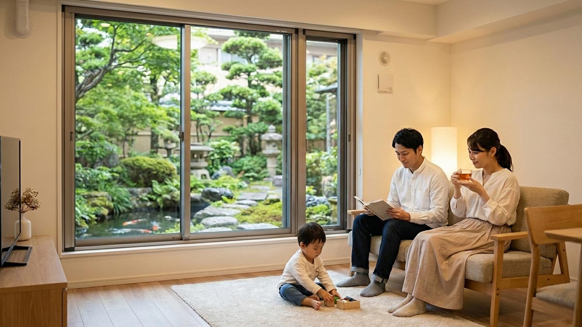 二重サッシなどの防音設備が整った静かな室内で、快適に過ごす家族の様子