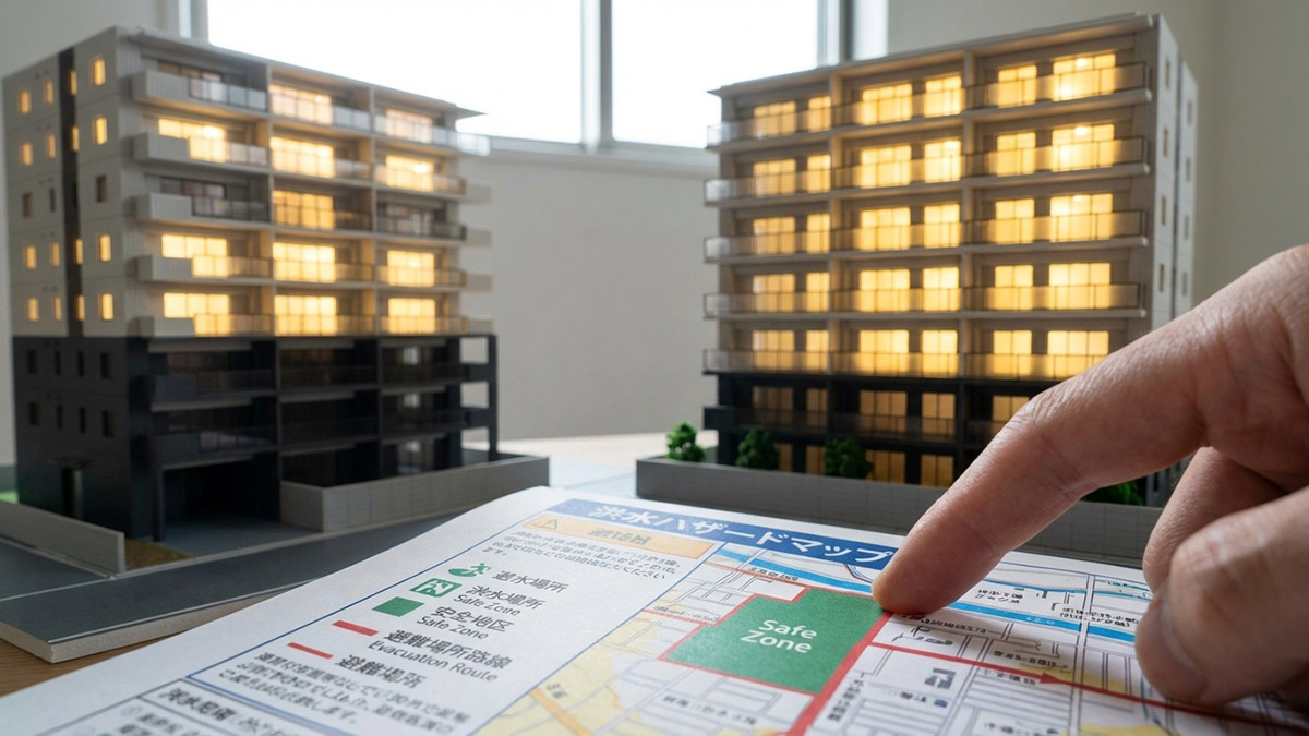 ハザードマップを見ながら、避難経路やマンションの階数について相談する様子