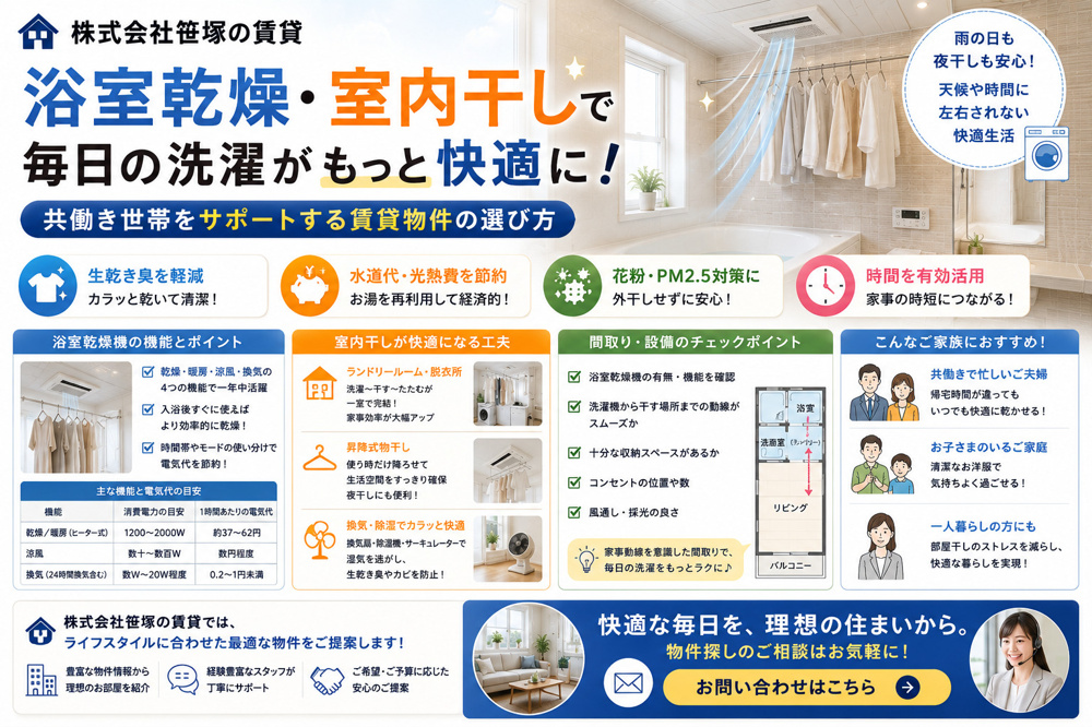 株式会社笹塚の賃貸で浴室乾燥を活用するには？室内干しが快適な物件選びのコツも紹介の画像