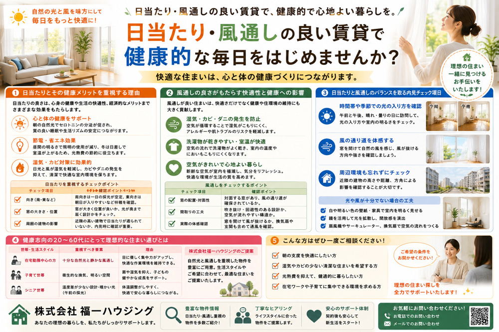 株式会社福一ハウジングの賃貸探しで日当たりは大事！風通しの良い部屋を見極めるコツもご紹介の画像