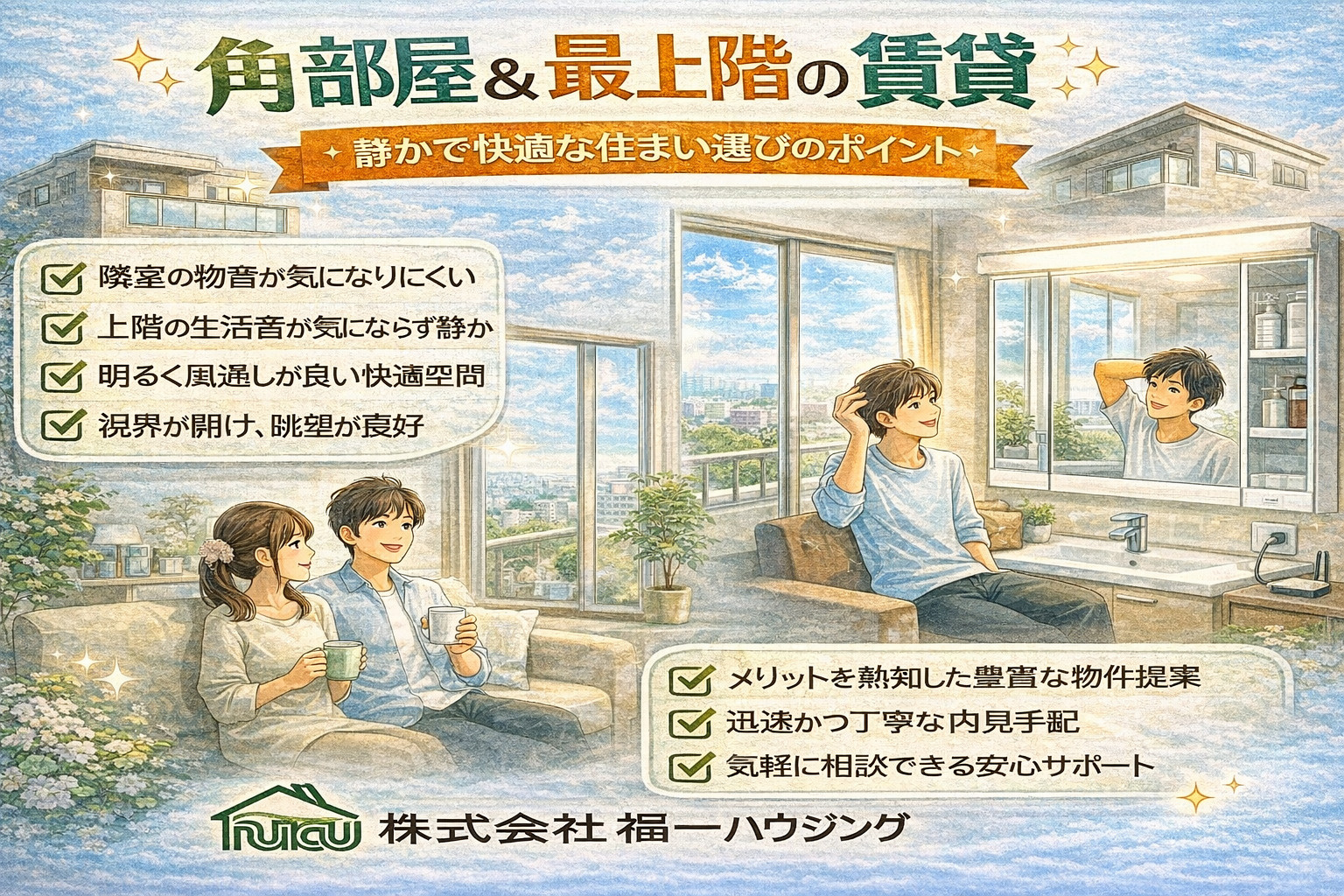 角部屋賃貸の魅力はどこにある？最上階賃貸のメリットと選ぶポイントも紹介の画像