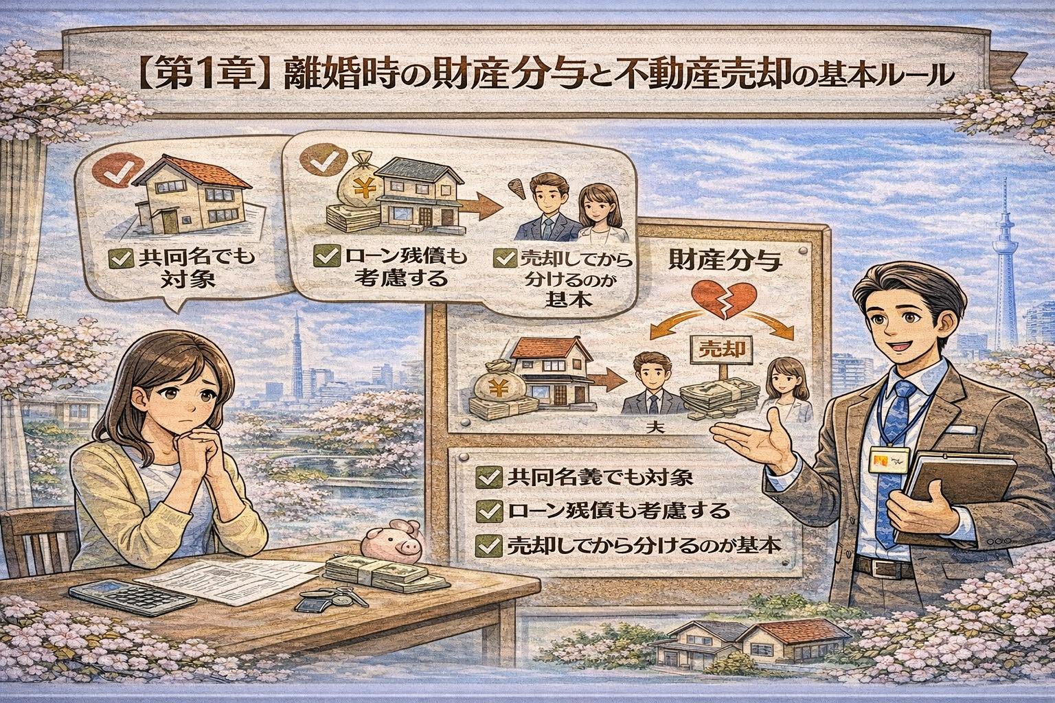 離婚時の財産分与と不動産整理を解説するイメージ