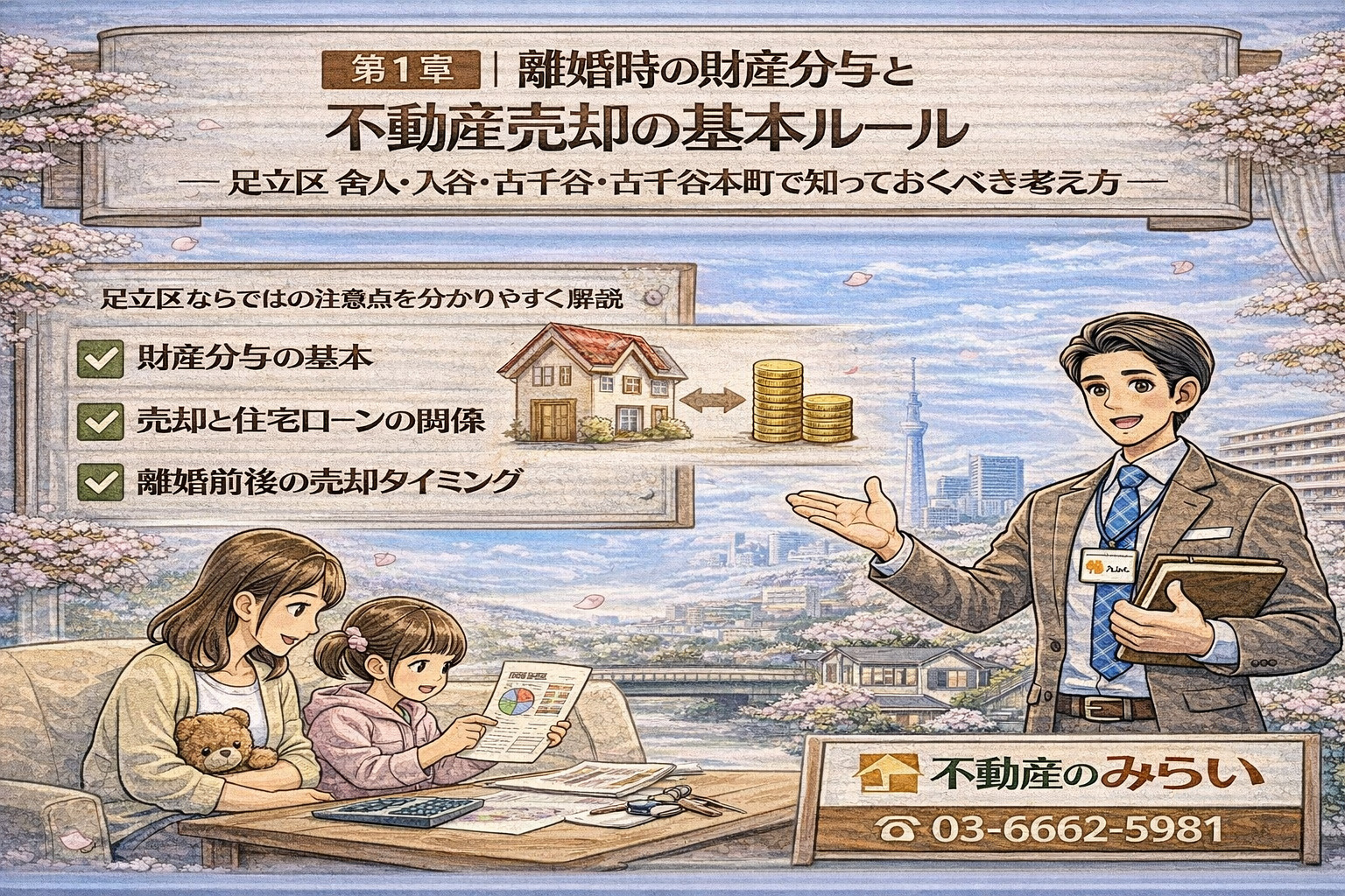 離婚時の財産分与と不動産整理を解説するイメージ