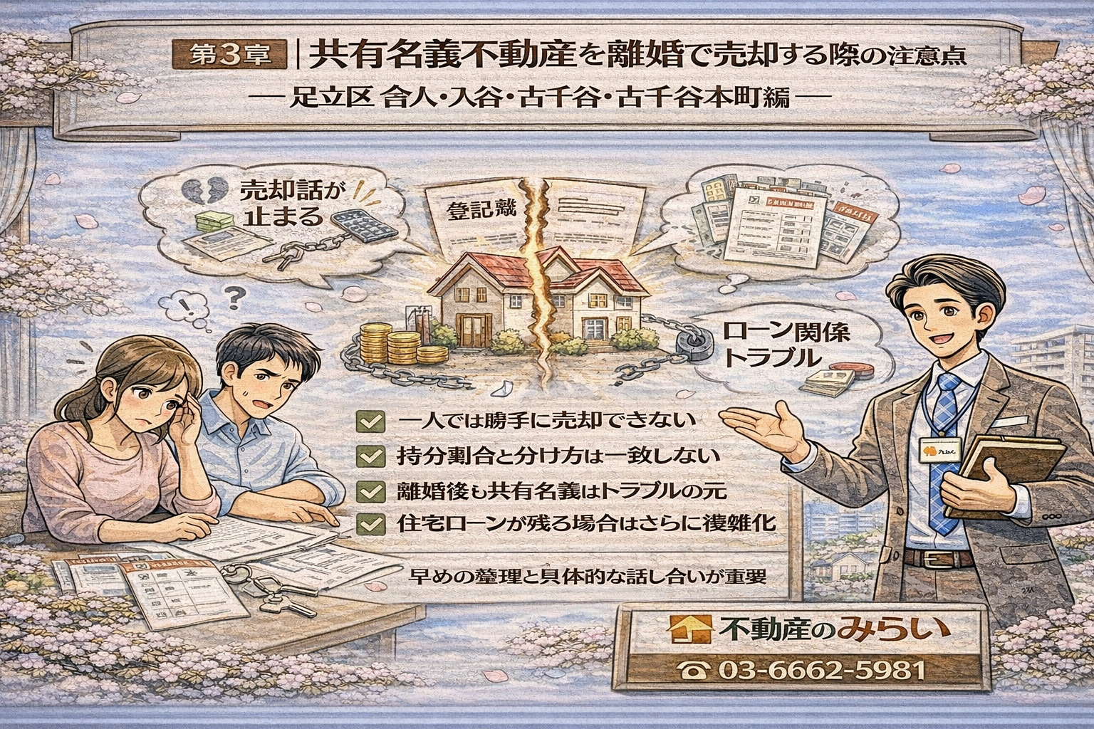 共有名義不動産売却の注意点を示すイラスト