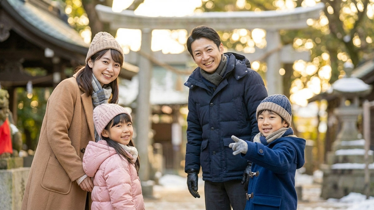 新居での幸せな生活を願い、家族で神社にお参りした後に笑顔で話す様子