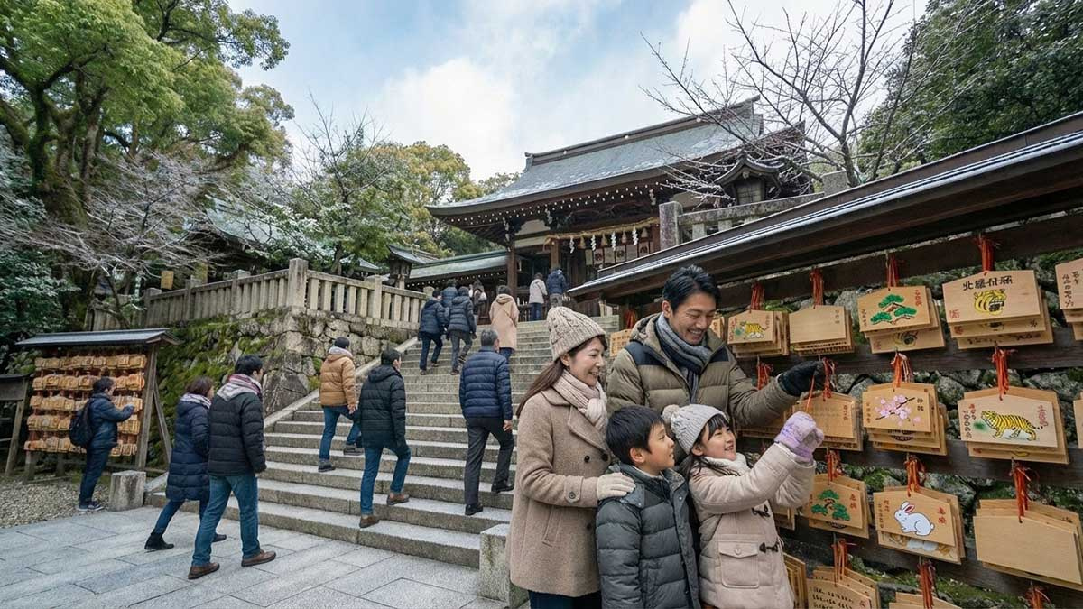 廣田神社の静謐な境内と、必勝祈願の絵馬が奉納されている様子