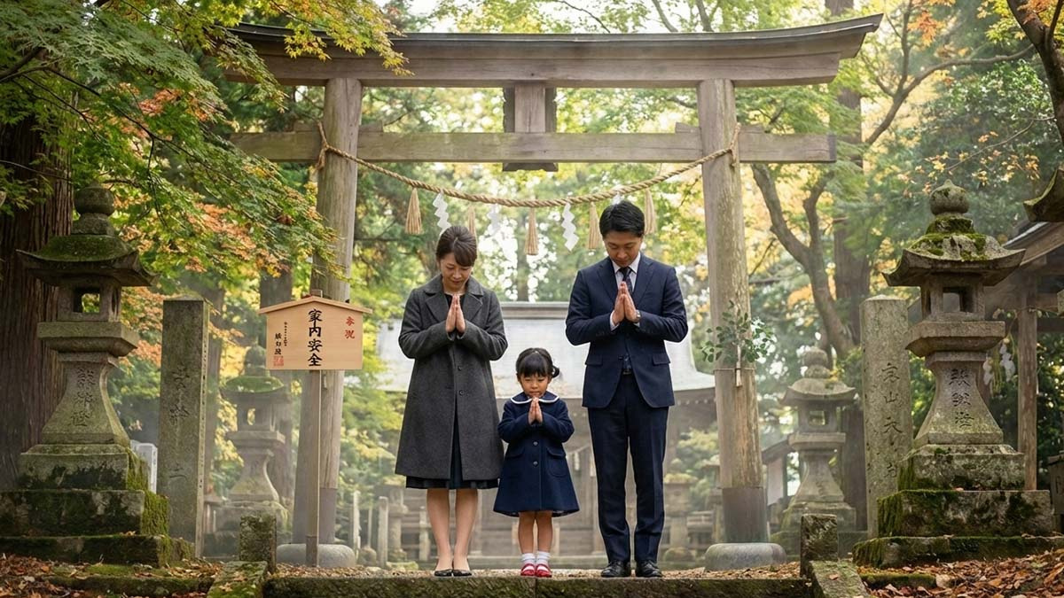 土地の氏神様にご挨拶をする家族