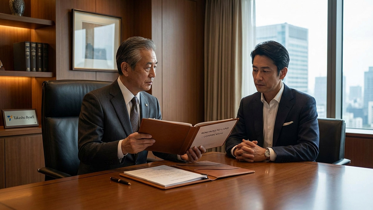 高級感のある個室で、専任のエージェントが顧客に未公開の土地情報を提案している様子