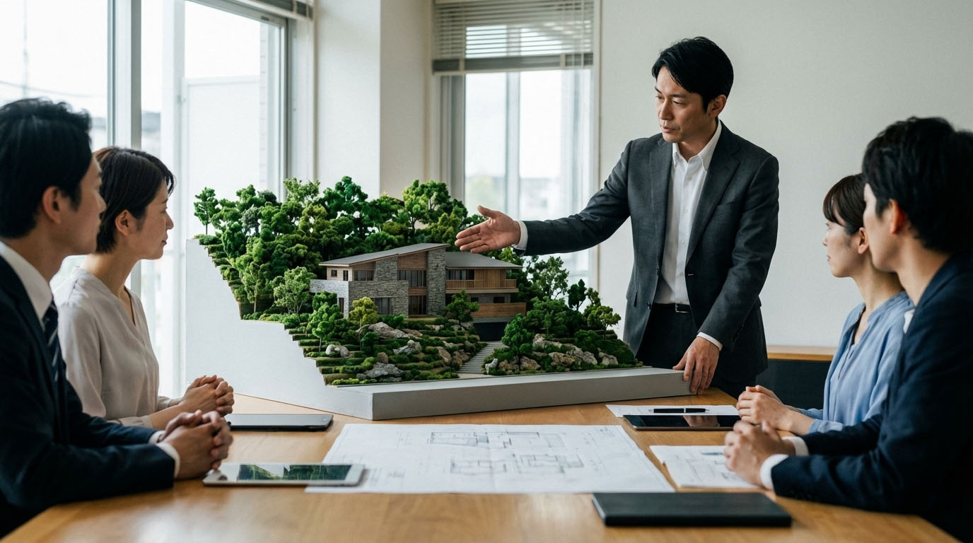 建築士が六麓荘町の模型やパースを使い、景観との調和を説明しているプレゼンテーションの様子