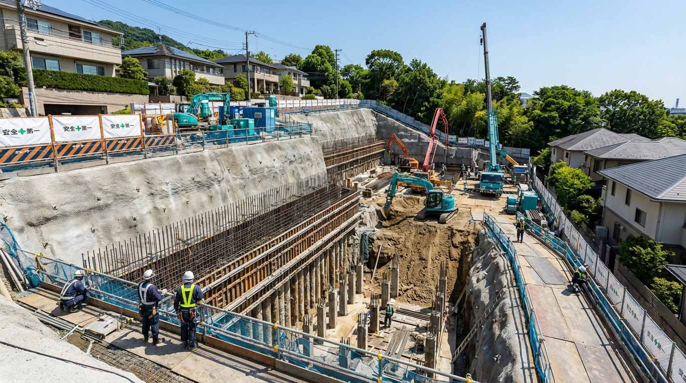 傾斜地での基礎工事や擁壁工事の様子。高度な建築技術と安全管理を表現。