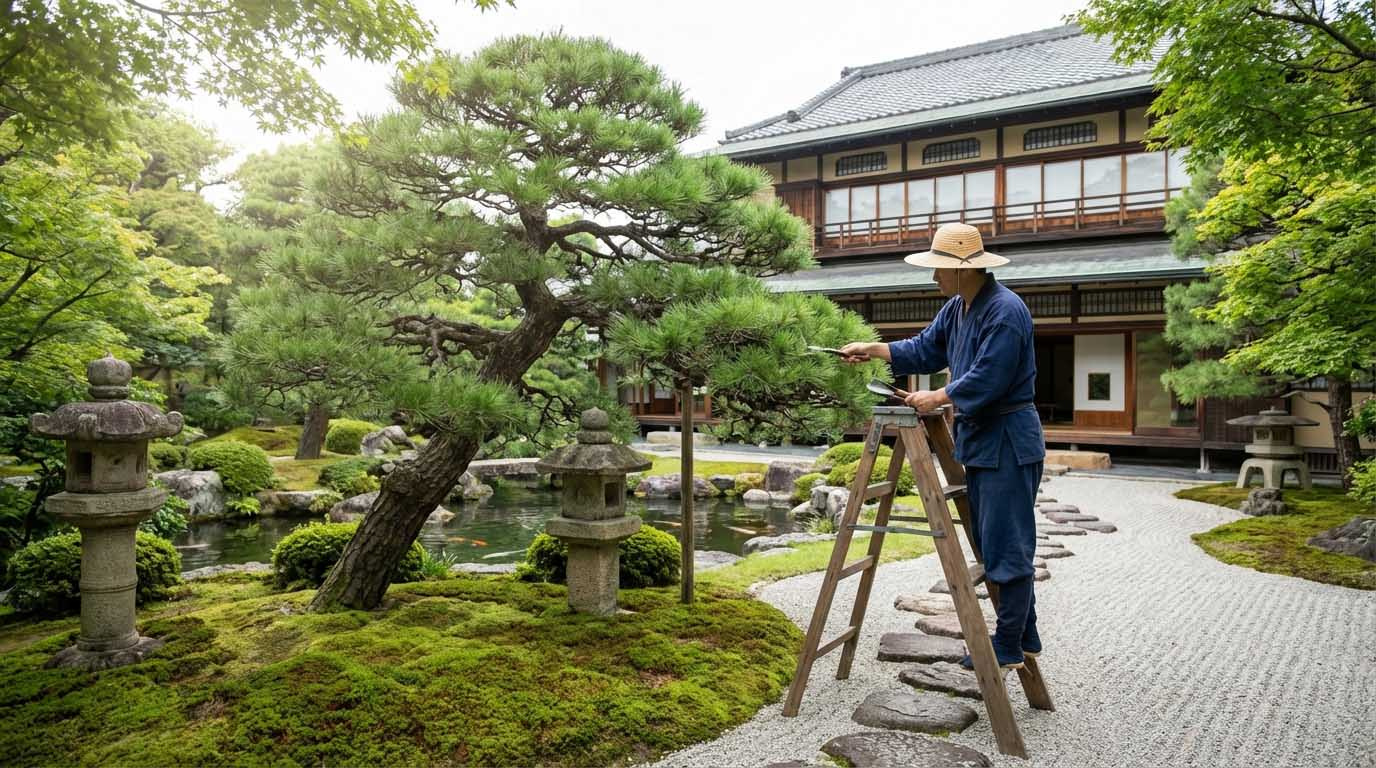 広大な庭園の手入れをするプロの庭師と、美しく保たれた六麓荘の景観