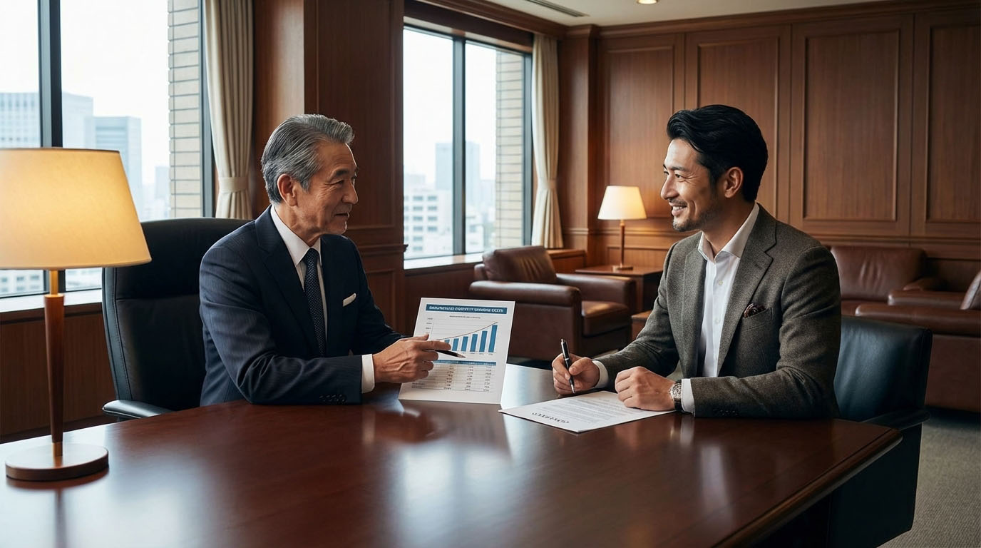 高翔バイセルのオフィスで、担当者から維持費の説明を受け、納得して購入を決意する顧客の様子